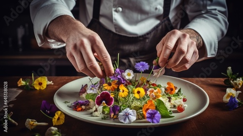 gourmet chef creating an intricate dish with edible flowers generative ai