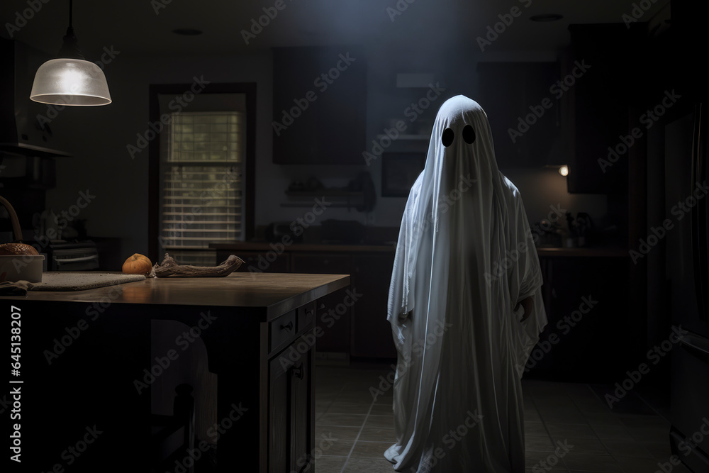 Spooky ghost figure standing in a scary dark home