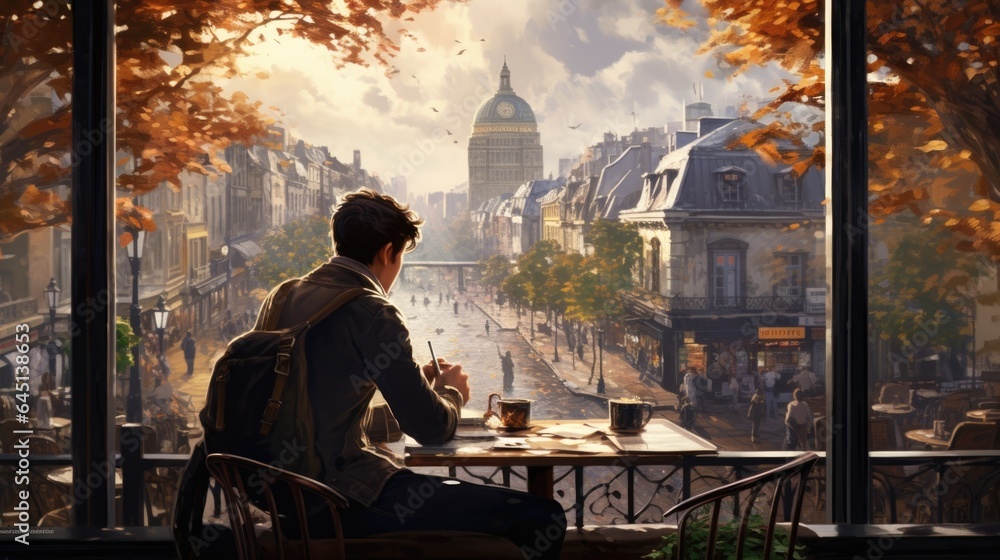 solo traveler savoring a meal at a cafe overlooking a bustling street generative ai