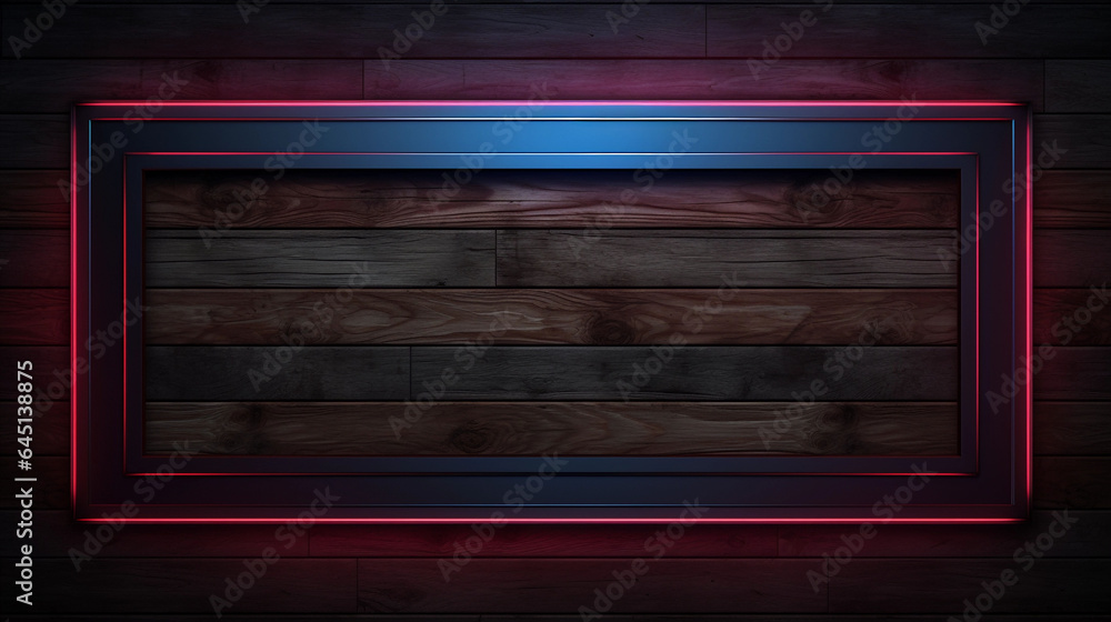 Obraz premium Neon lights frame on wooden wall and wooden floor background