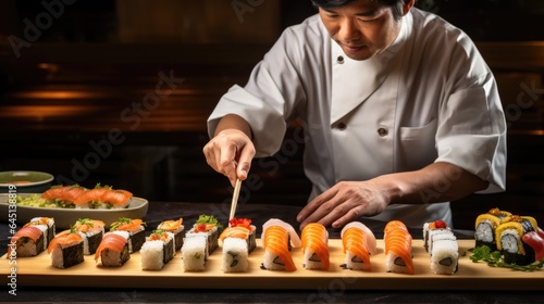 sushi chef expertly rolling a variety of sushi rolls generative ai