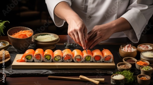 sushi chef expertly rolling a variety of sushi rolls generative ai