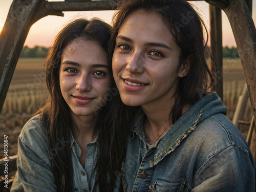 Portrait of two girls smiling in field at sunset, agriculture © RJ.RJ. Wave
