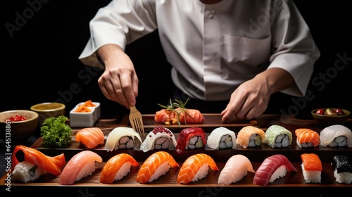 sushi chef preparing a selection of fresh nigiri generative ai