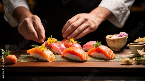 sushi chef preparing a selection of fresh nigiri generative ai