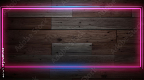 Neon lights frame on wooden wall and wooden floor background