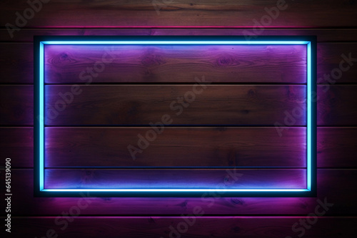 Neon lights frame on wooden wall background