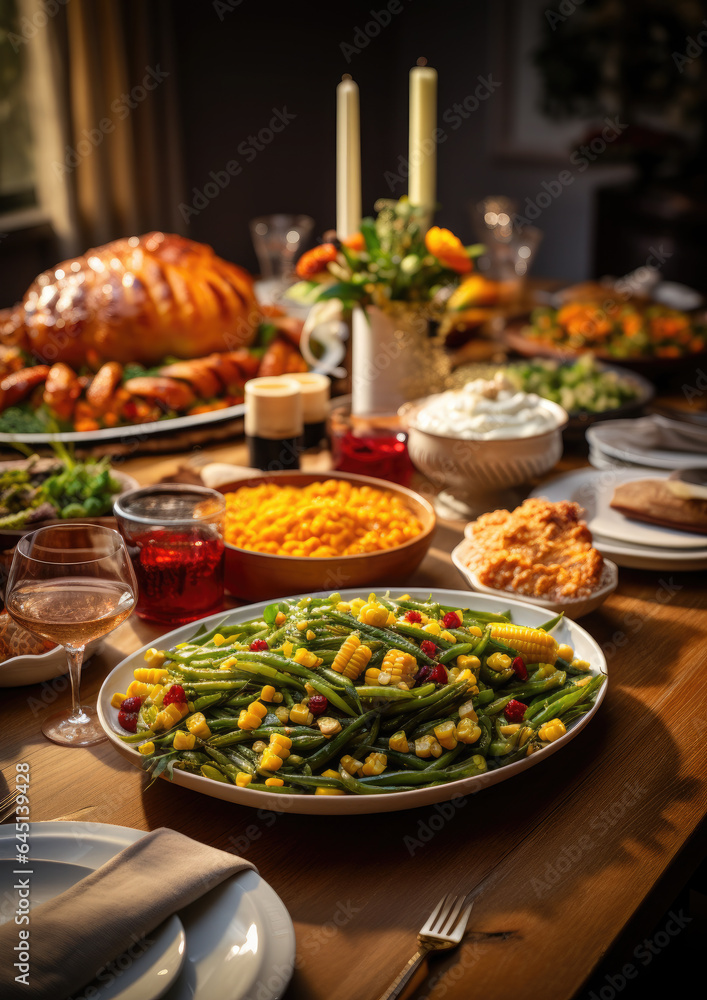 Generative AI, traditional Thanksgiving dinner, corn, turkey, vegetables, autumn harvest, appetizing tasty dishes on a set table, mashed potatoes, holiday