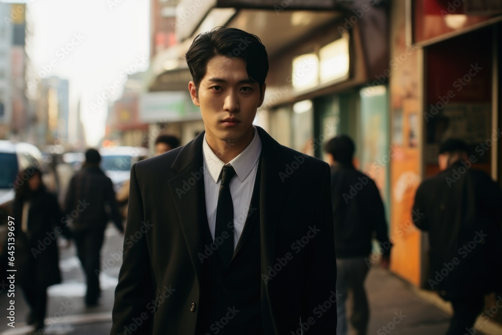 Candid Street Portrait of a Fictional Korean Businessman Wearing an Elegant Stylish Black Suit. Generative AI.