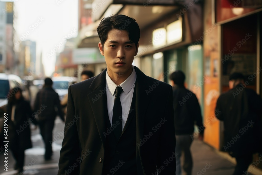 Candid Street Portrait of a Fictional Korean Businessman Wearing an Elegant Stylish Black Suit. Generative AI. Candid Street Portrait of a Fictional Korean Businessman Wearing an Elegant Stylish Black Suit. Generative AI.