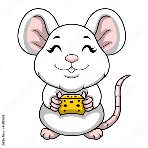 Cute mouse cartoon holding slice of cheese