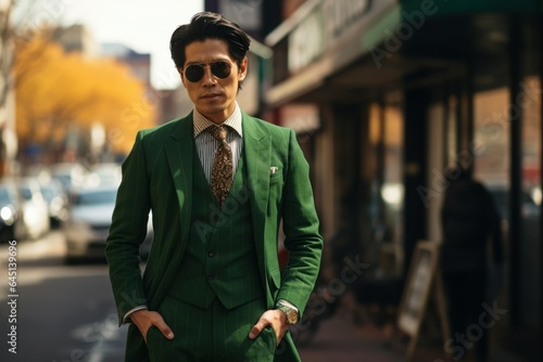 Candid Street Portrait of a Fictional Korean Businessman Wearing an Elegant Stylish Suit. Generative AI.