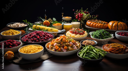 Generative AI, traditional Thanksgiving dinner, corn, turkey, vegetables, autumn harvest, appetizing tasty dishes on a set table, mashed potatoes, holiday