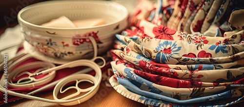 Flower-patterned face masks with sewing materials on table at home due to pandemic