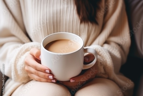 a woman in a warm jumper with a cup of coffee in a cozy house