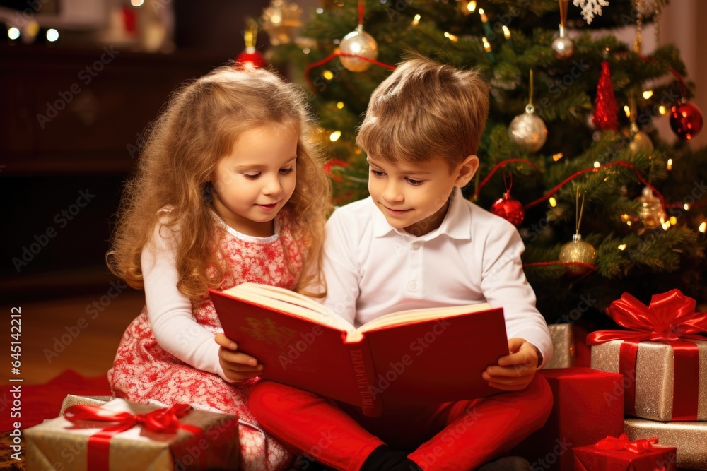 Children sit in front of the Christmas tree in the living room and read a book Children sit in front of the Christmas tree in the living room and read a book
