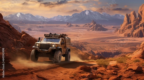 panoramic landscape photograph of a rugged off road truck