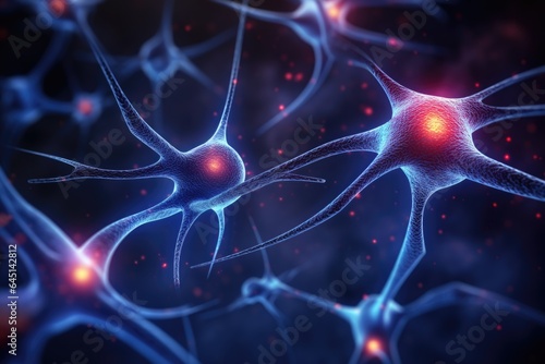 Conceptual illustration of neuron cells with glowing link knots in abstract dark space, high resolution 3D illustration photo