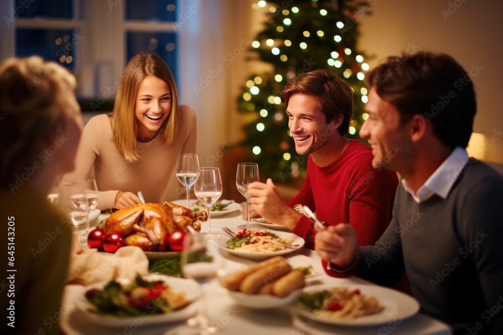 Family having Christmas dinner at home, gathered around the table, enjoying their time together