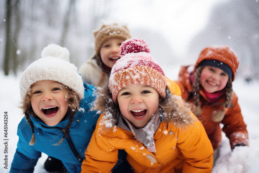 Group of children playing on snow in winter time