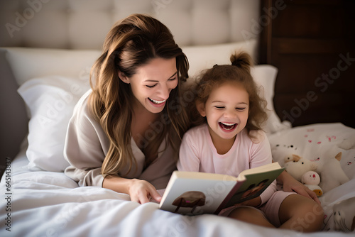 Happy young mother and daughter reading book in bedroom, mother with her lovely girl having fun in children room reading a book