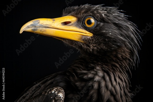 Great Cormorant Phalacrocorax carbo  blank for design. Bird close-up. Background with place for text