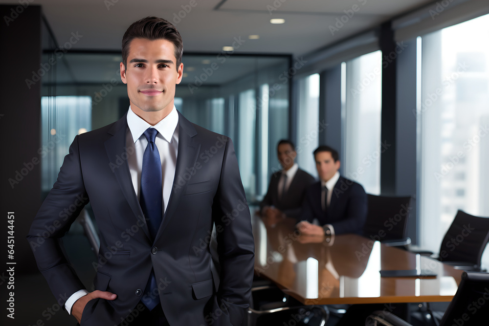 Fototapeta premium Portrait of a successful young businessman posing with his arms crossed in a boardroom, confident businessman leader looking at camera standing in office at team meeting