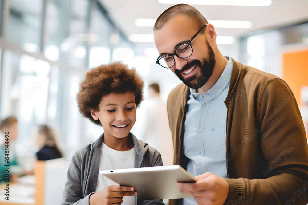 Male teacher talking to his young student while holding a digital tablet device in school, happy student learning about digital tablet with teacher Male teacher talking to his young student while holding a digital tablet device in school, happy student learning about digital tablet with teacher
