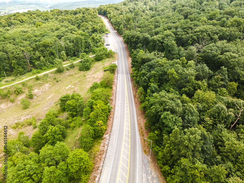 Aerial top view of an empty motorway through a green forest that goes beyond the horizon. Aerial top view of an empty motorway through a green forest that goes beyond the horizon.