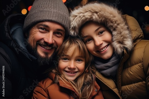 Happy family, father and two daughters in winter clothes