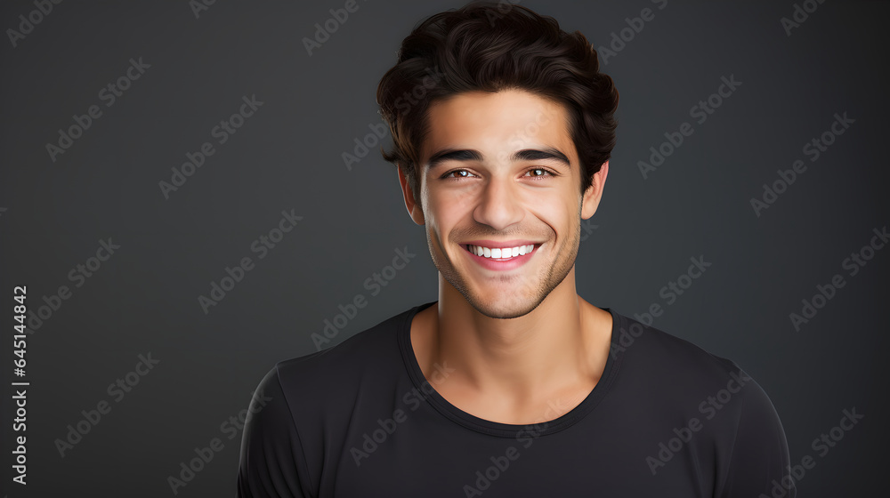 Portrait of handsome young man smiling and laughing standing over dark background, cheerful man with fresh stylish hair and beard isolated on black studio background.