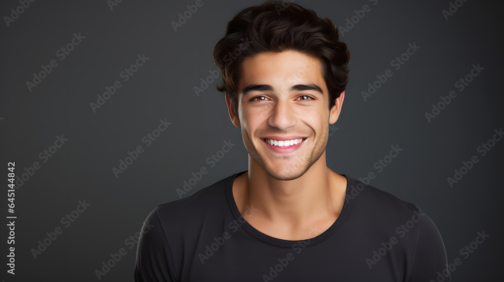 Fototapeta premium Portrait of handsome young man smiling and laughing standing over dark background, cheerful man with fresh stylish hair and beard isolated on black studio background.