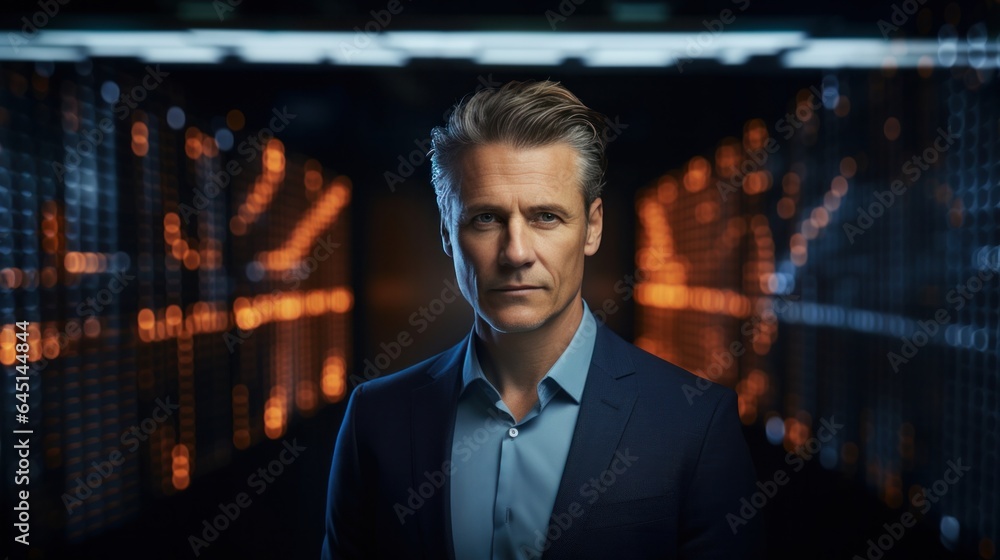Senior businessman standing on dark background. Senior businessman standing on dark background.