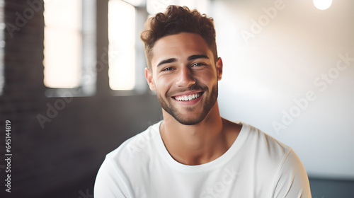 Portrait of handsome young man smiling and laughing standing over white background, cheerful man with fresh stylish hair and beard over white background.