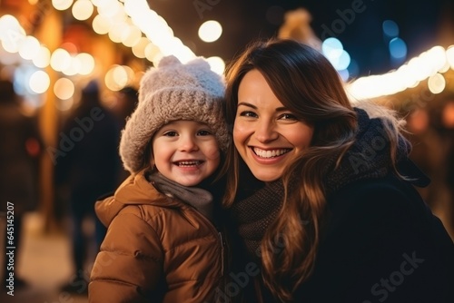 Mother and child at a traditional Christmas market on a winter evening