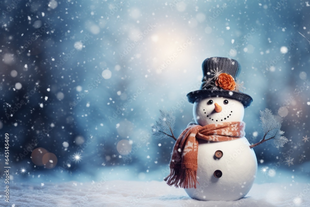 Snowman as a symbol of Christmas and New Year holidays. Background with copy space. Place for advertising