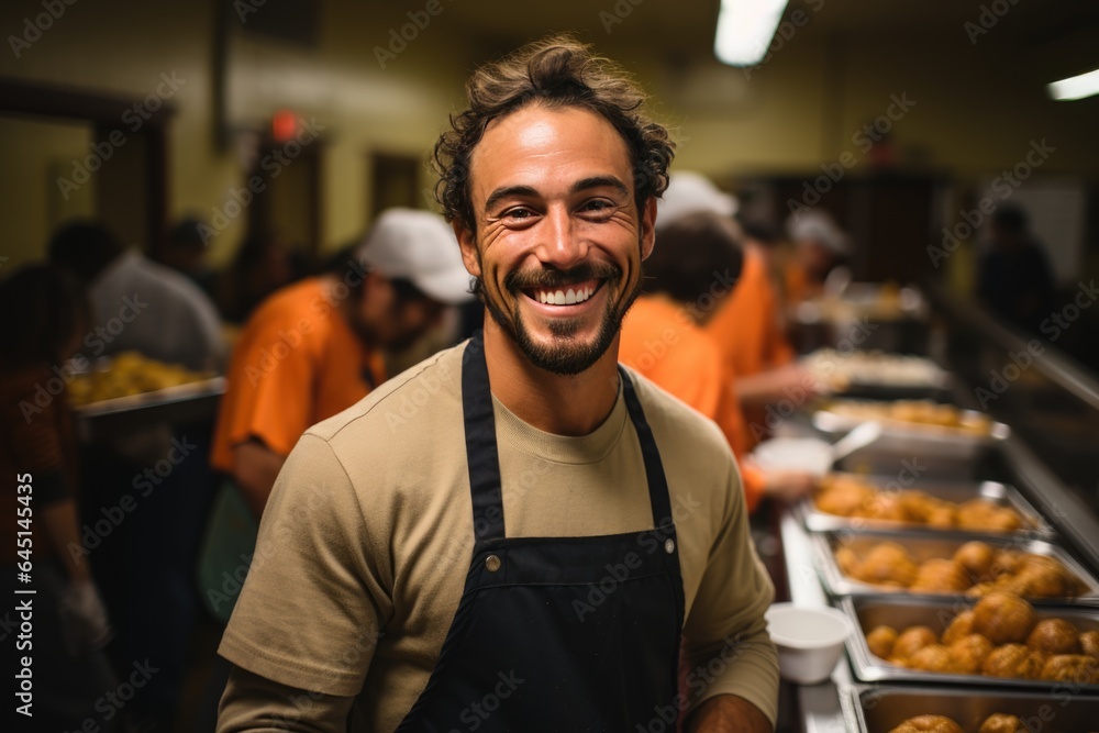 Fototapeta premium A positive volunteer serving the homeless in a social canteen