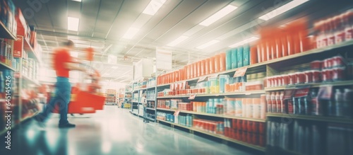 Blurred American home improvement retailer  with row of paint cans  building materials  vintage tone.