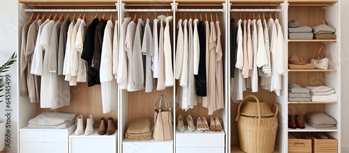 Scandinavian-style walk-in closet with women's clothes on rail in modern wooden wardrobe.