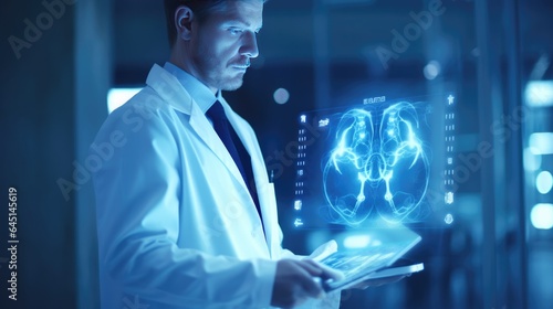 Medicine doctor touching DNA or database electronic medical structure on hologram modern virtual screen interface.