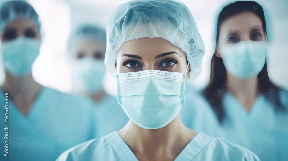 Photography of Group of doctors with face masks looking at camera in hospital background. Photography of Group of doctors with face masks looking at camera in hospital background.
