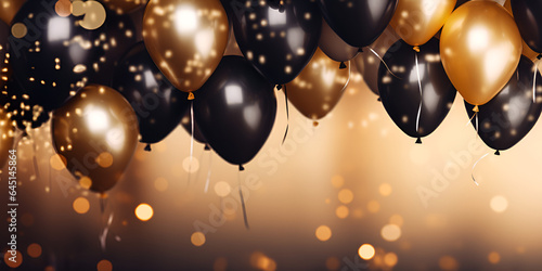 3d black and golden balloons with some confetti particles in air background , festival celebration background concept, Generative AI