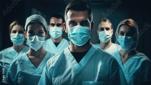 Photography of Group of doctors with face masks looking at camera in hospital background.