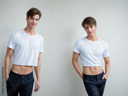 male young models in white empty t shirts  with perfect body, white background © RJ.RJ. Wave