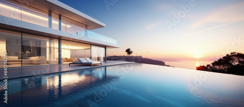 Contemporary home exhibits infinity pool and ocean view through stylish windows. © Vusal
