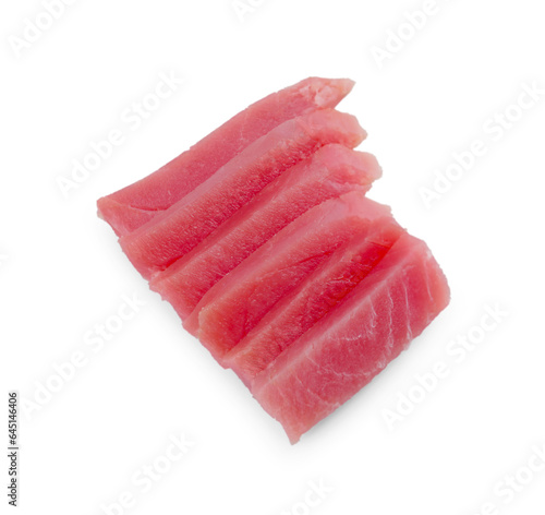 Tasty sashimi (slices of fresh raw tuna) isolated on white, top view