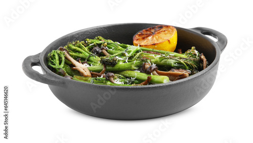 Tasty cooked broccolini, mushrooms and lemon isolated on white
