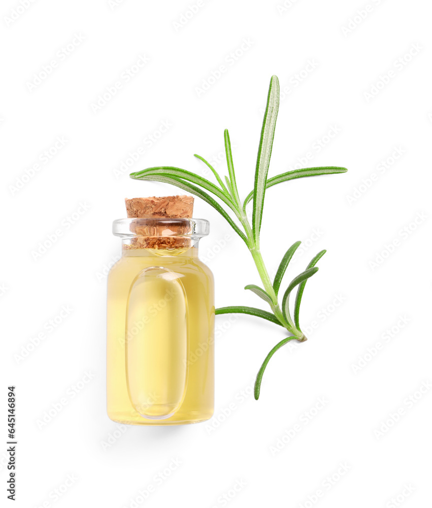 Sprig of fresh rosemary and essential oil on white background, top view Sprig of fresh rosemary and essential oil on white background, top view
