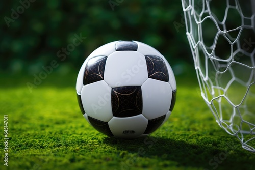 Soccer and football ball next to the goal