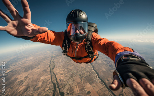 Experiencing an adrenaline rush: a portrait of a joyful skydiver post-jump.